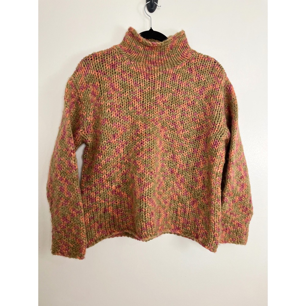 Vintage Cottagecore Wool Sweater PM Petite Medium Green Pink Marled Hand Knit